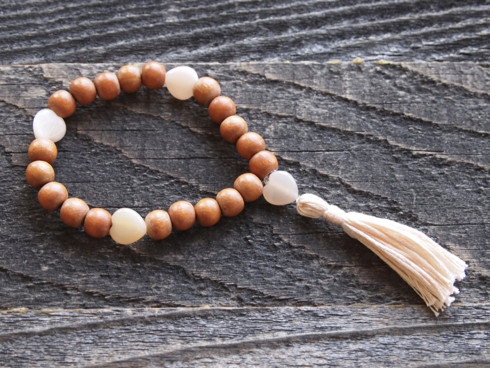 Moonstone & Natural Wood Sacred Wrist Mala