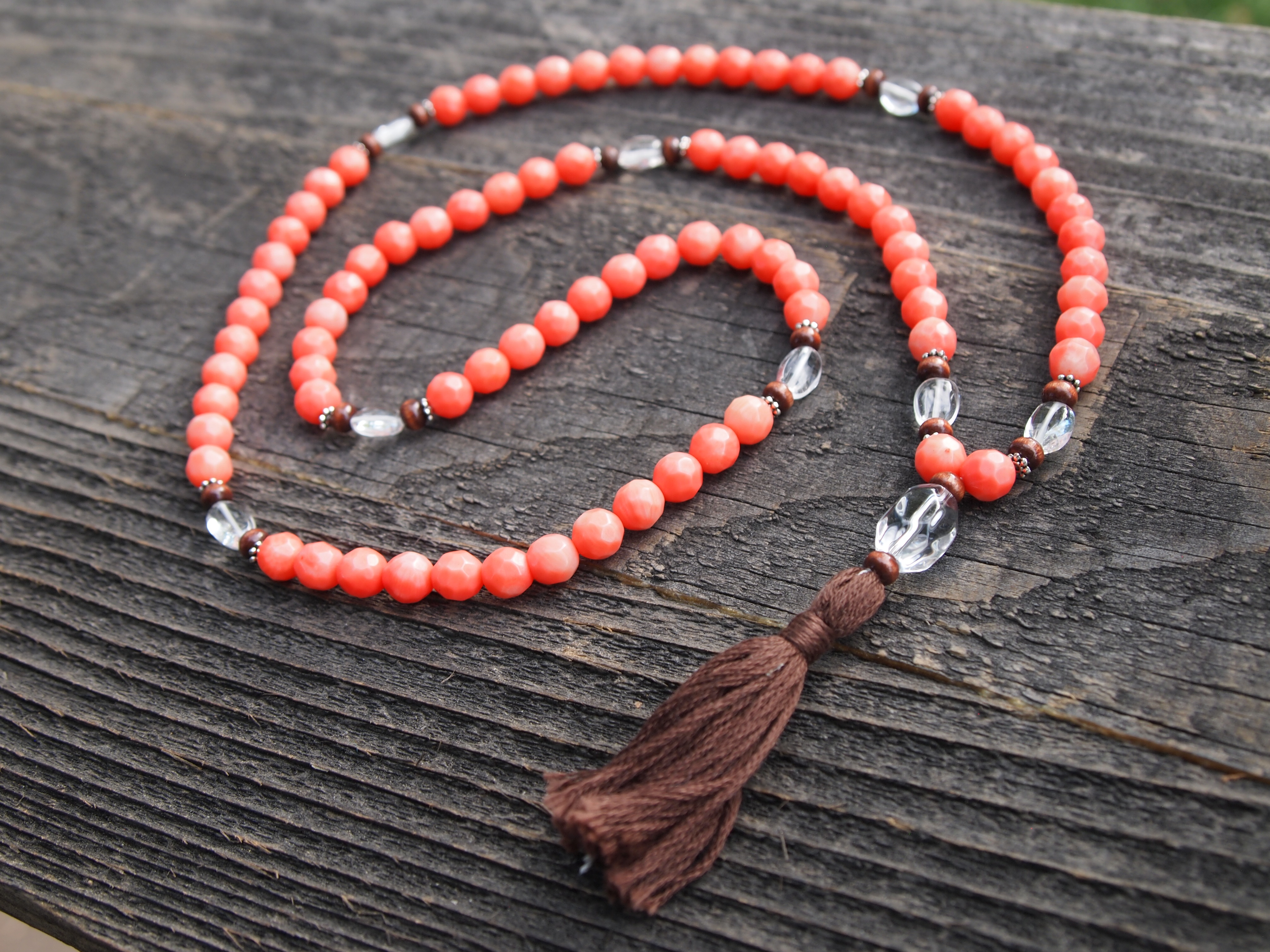 Peach Jade, Quartz & Wood Sacred Mala - Image 3
