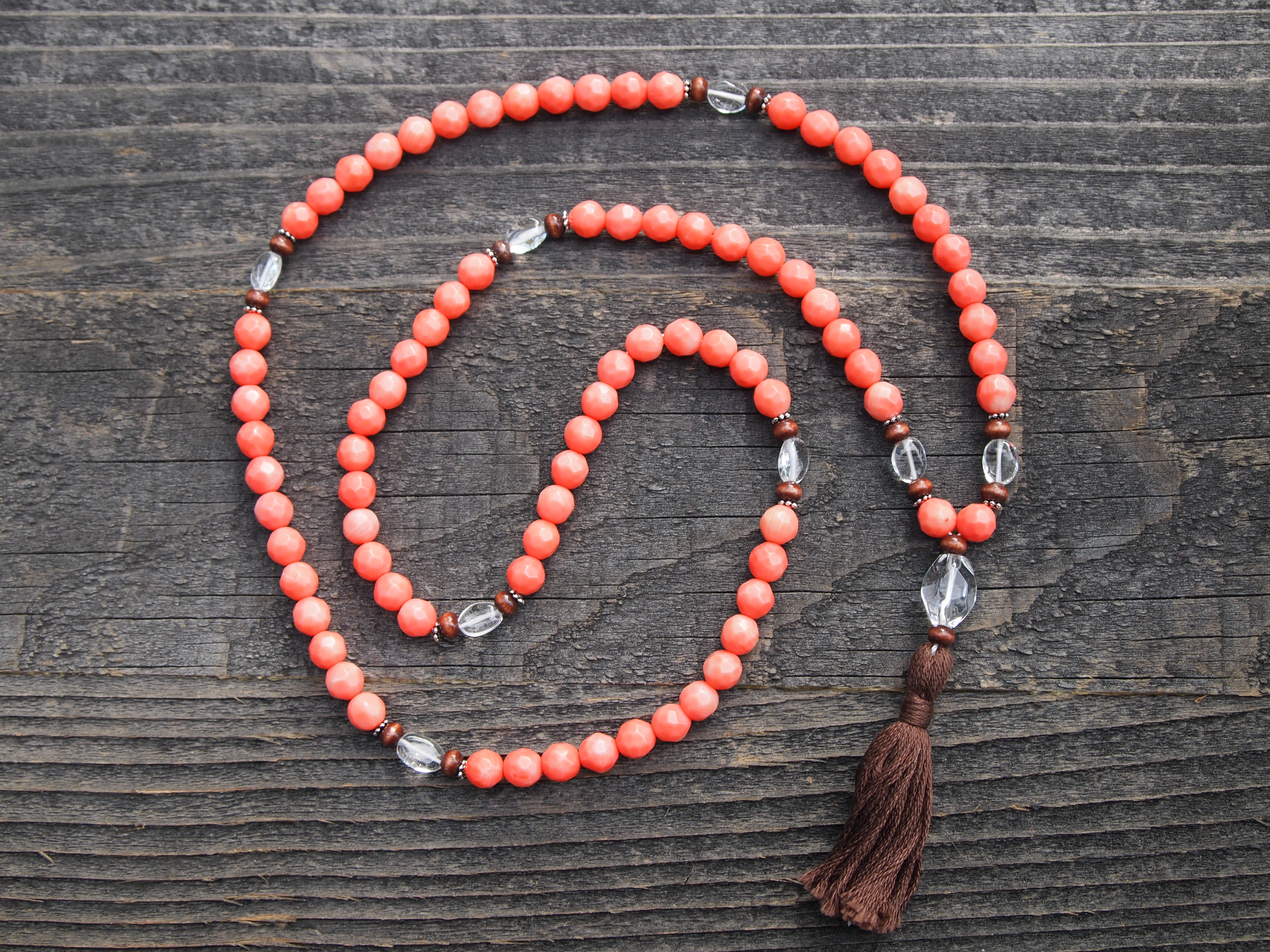 Peach Jade, Quartz & Wood Sacred Mala