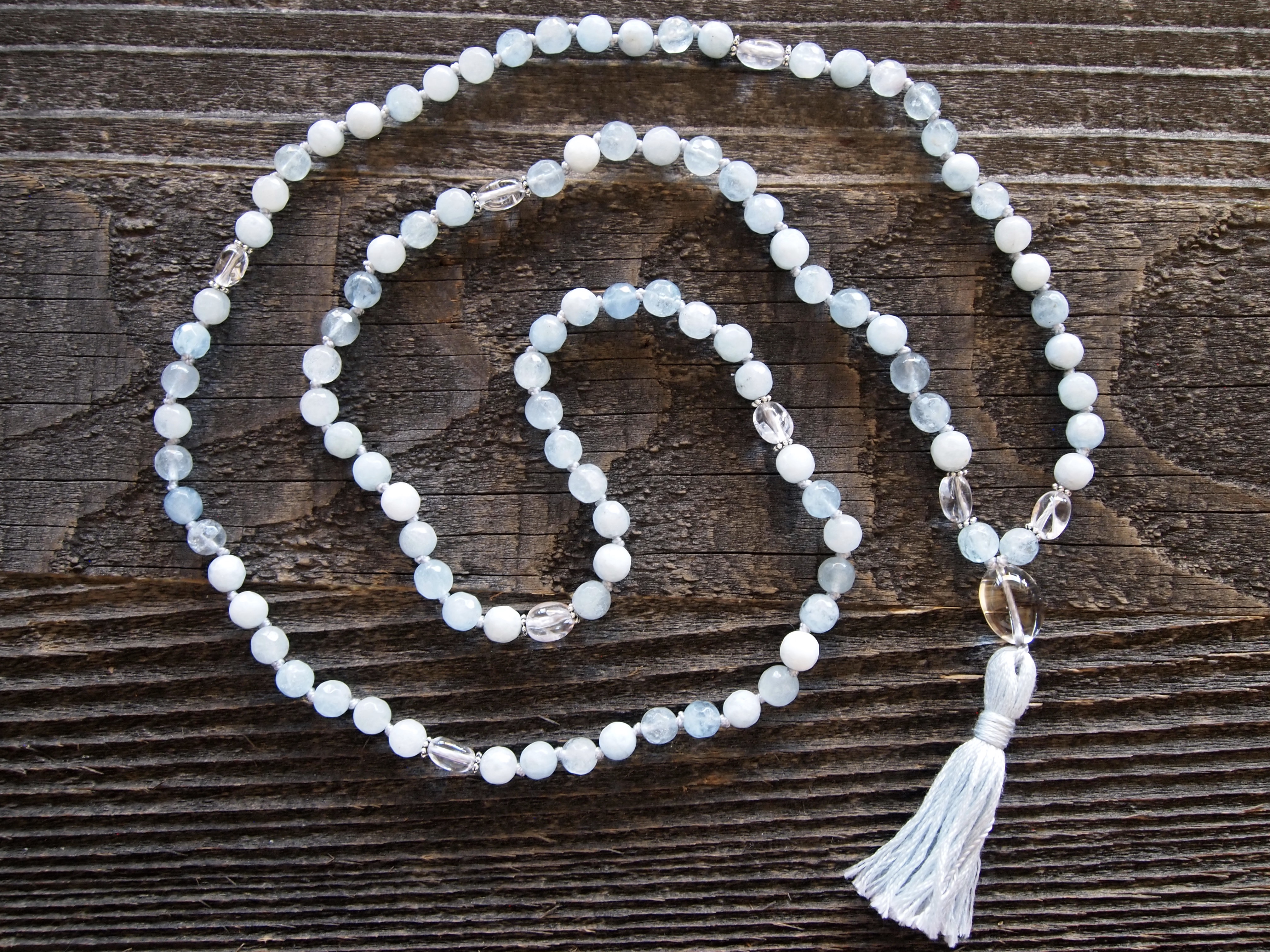Aquamarine & Clear Quartz Sacred Mala