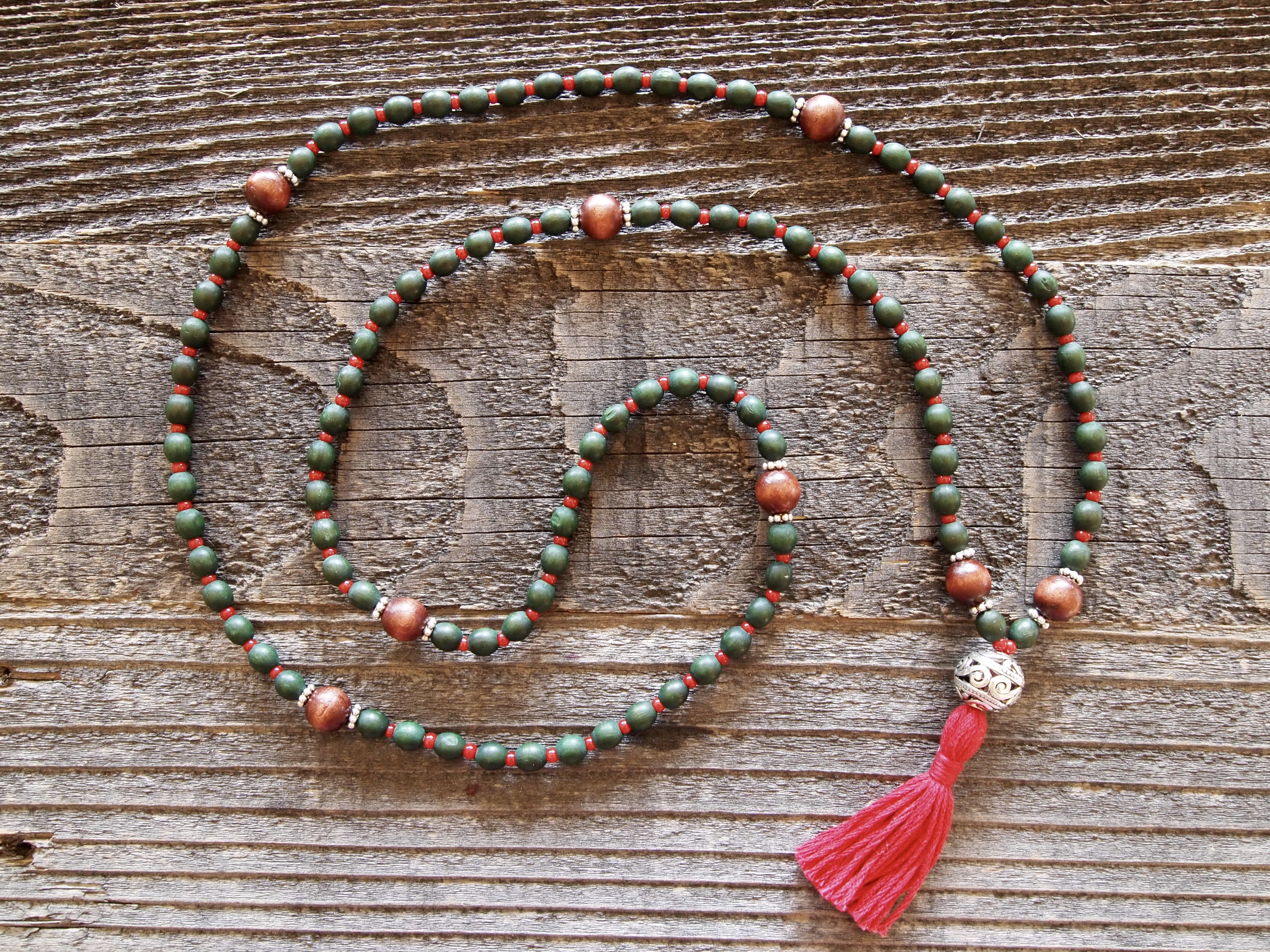 Green Wood & Red Coral Sacred Mala