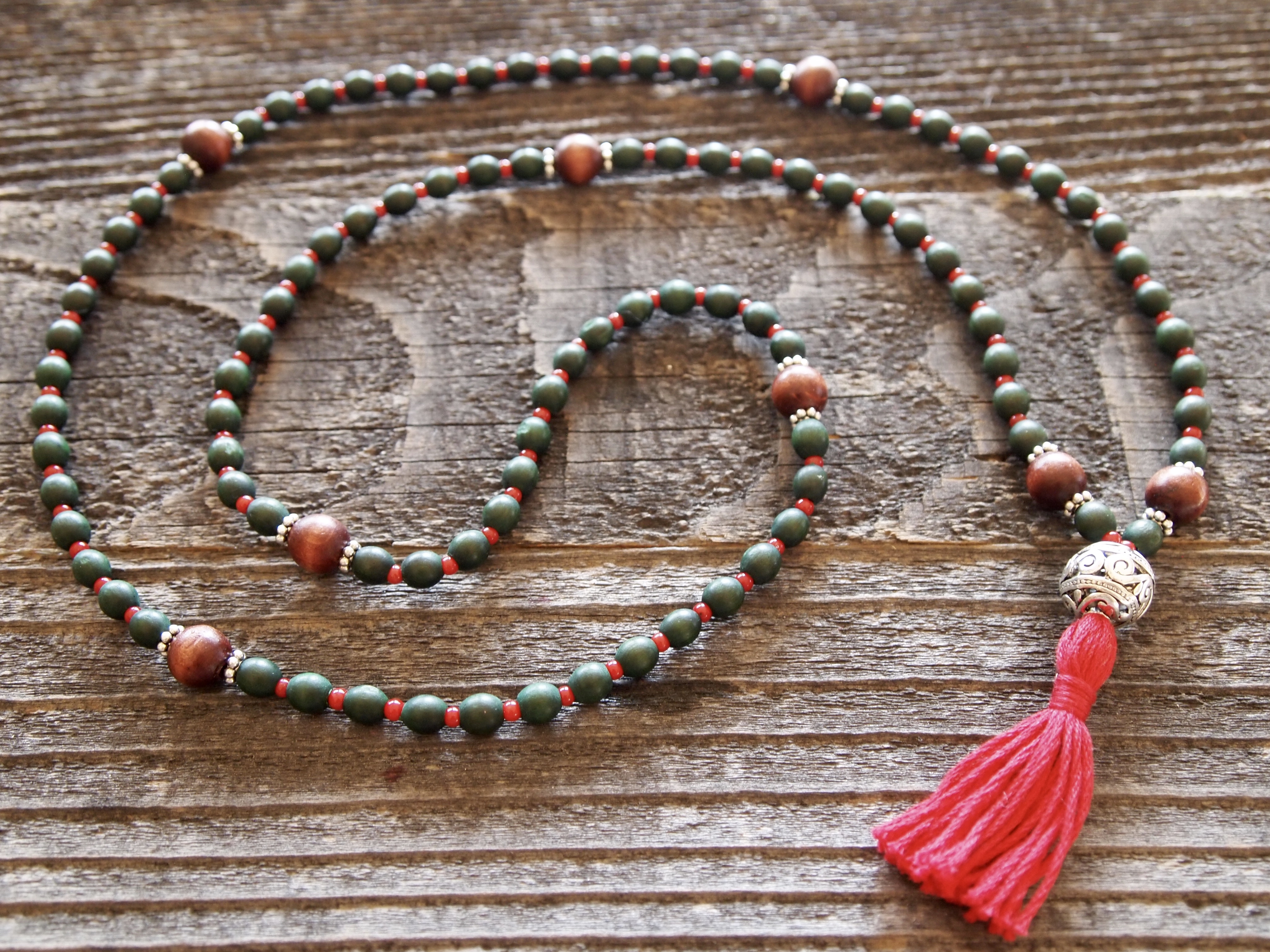 Green Wood & Red Coral Sacred Mala - Image 3