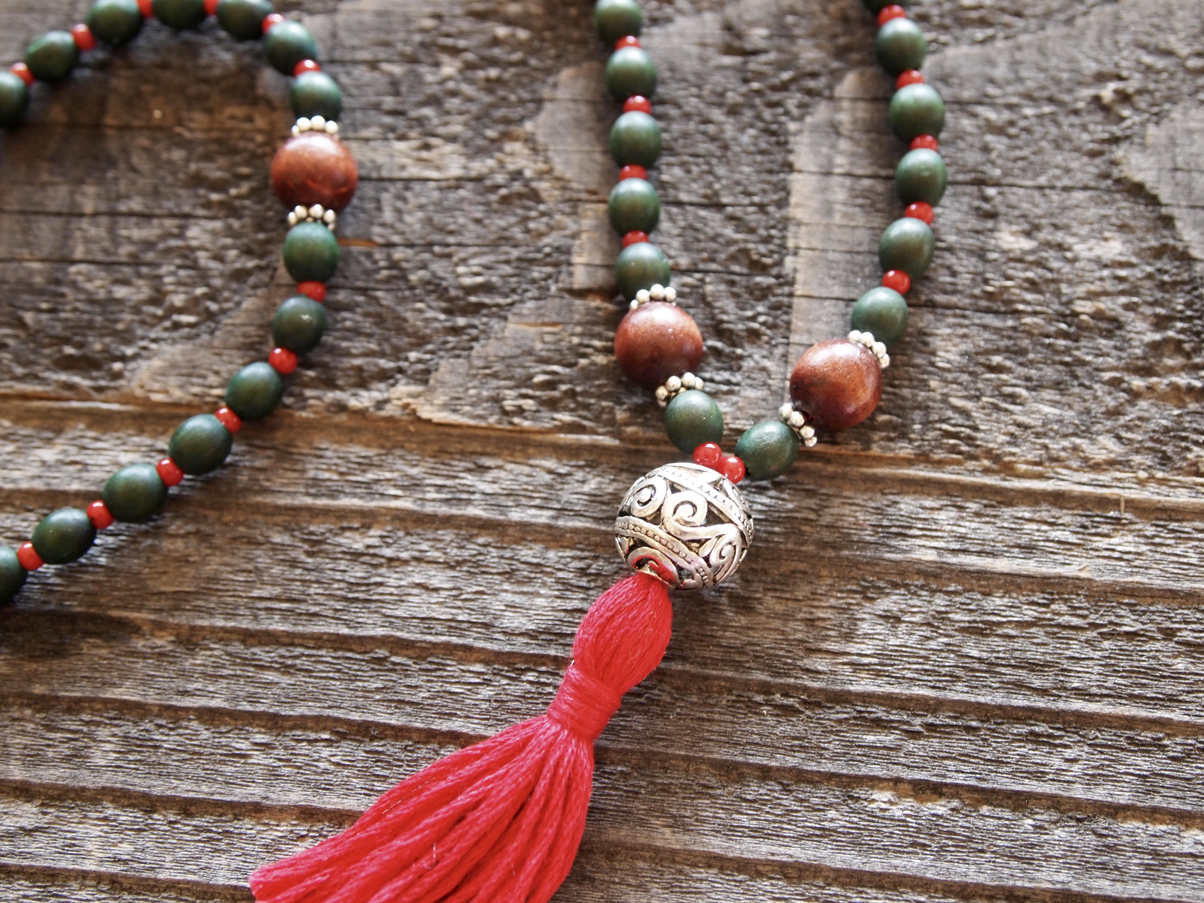 Green Wood & Red Coral Sacred Mala - Image 2