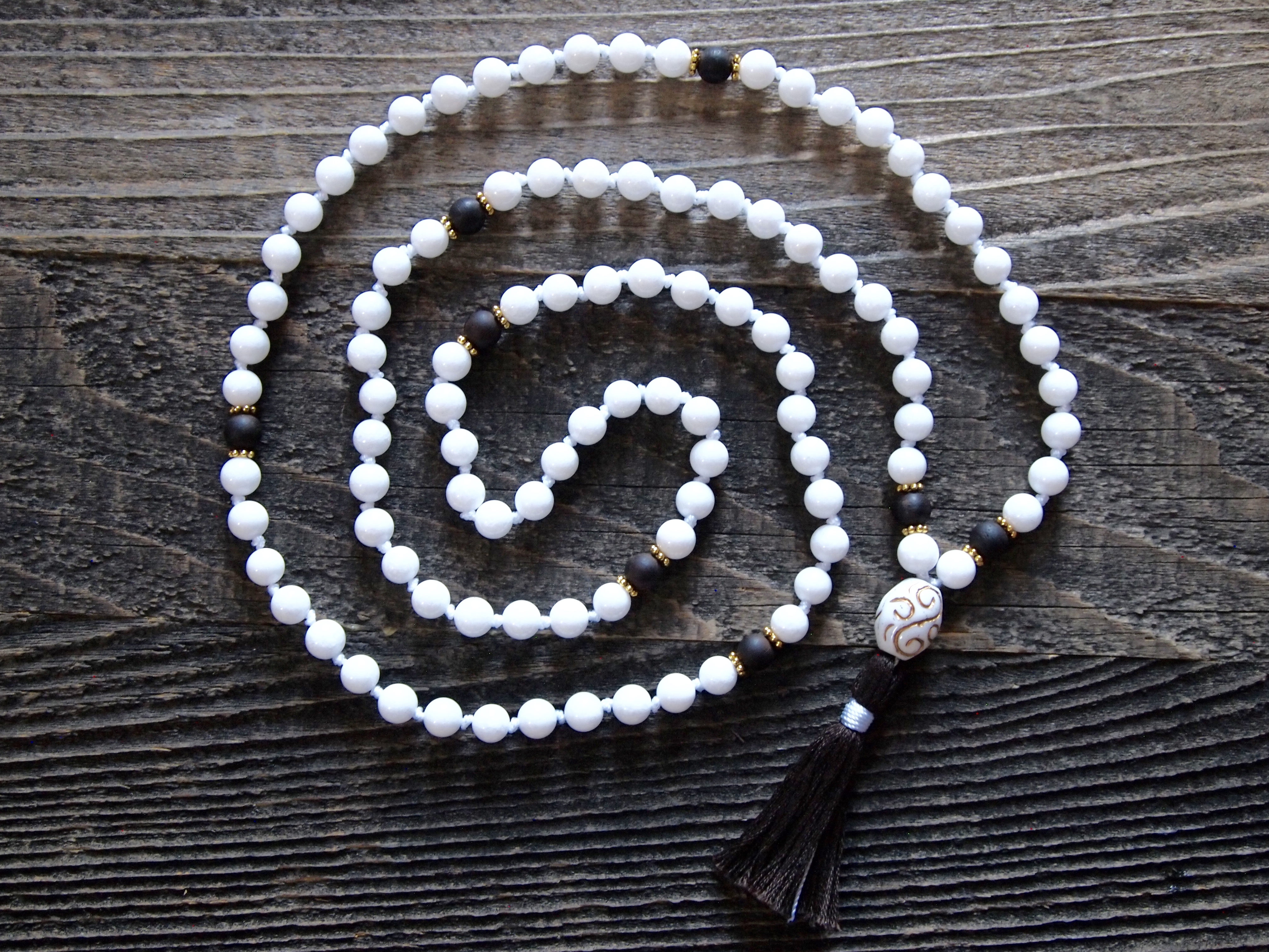 White Onyx & Wood Sacred Mala