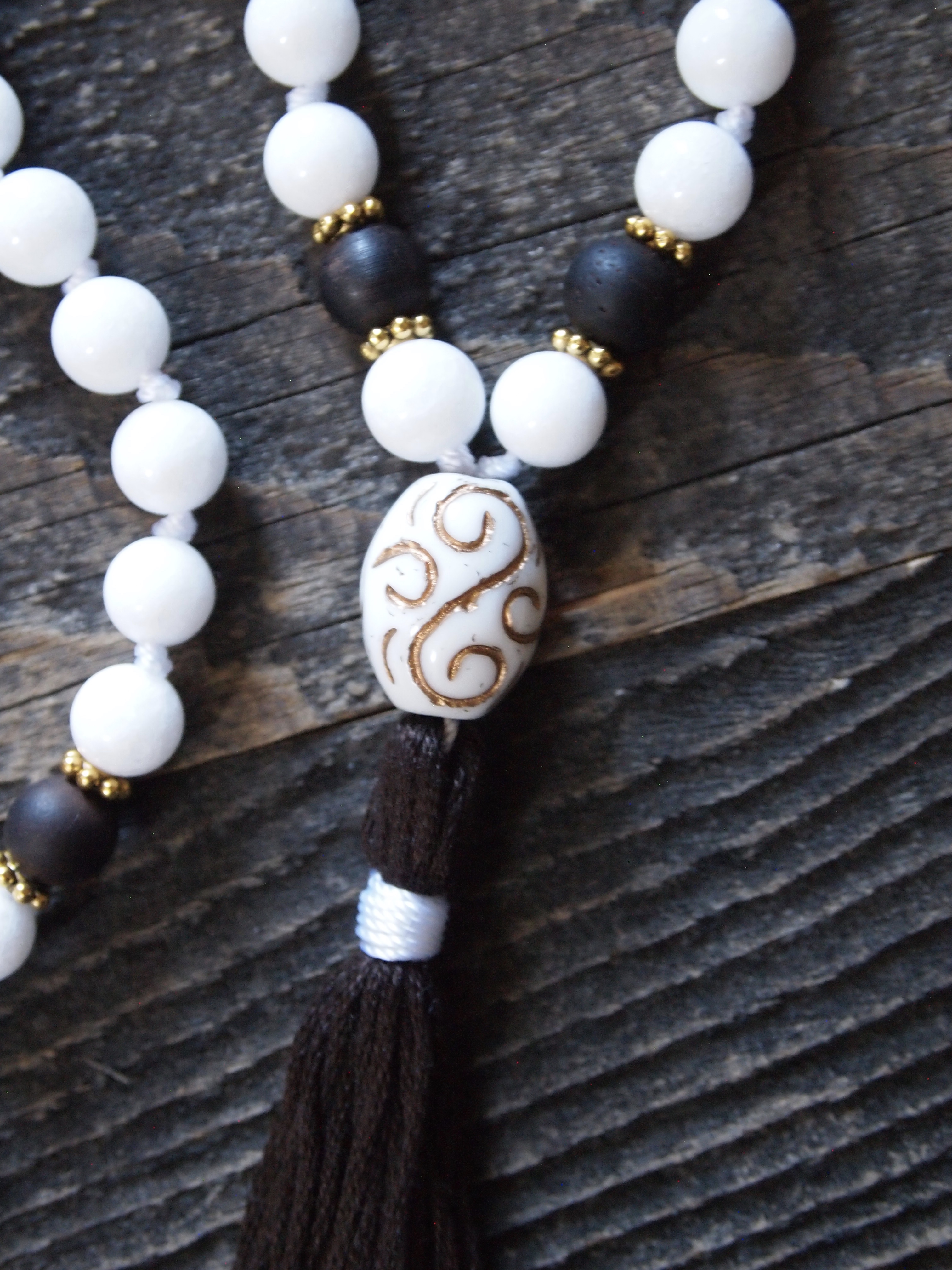 White Onyx & Wood Sacred Mala - Image 3