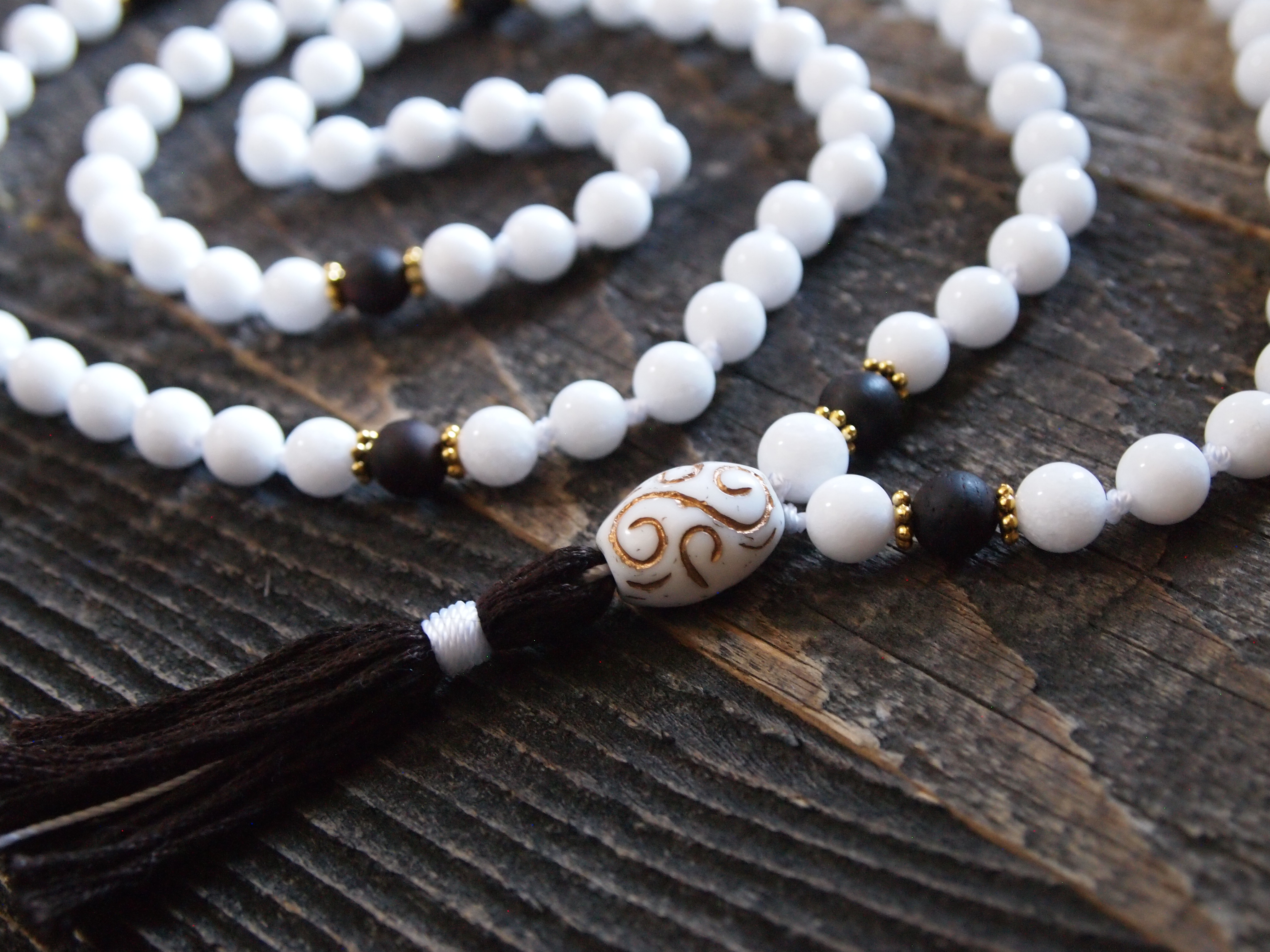 White Onyx & Wood Sacred Mala - Image 2