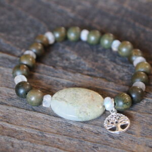 Green Jasper, Moonstone & Natural Wood with Tree of Life charm Bracelet